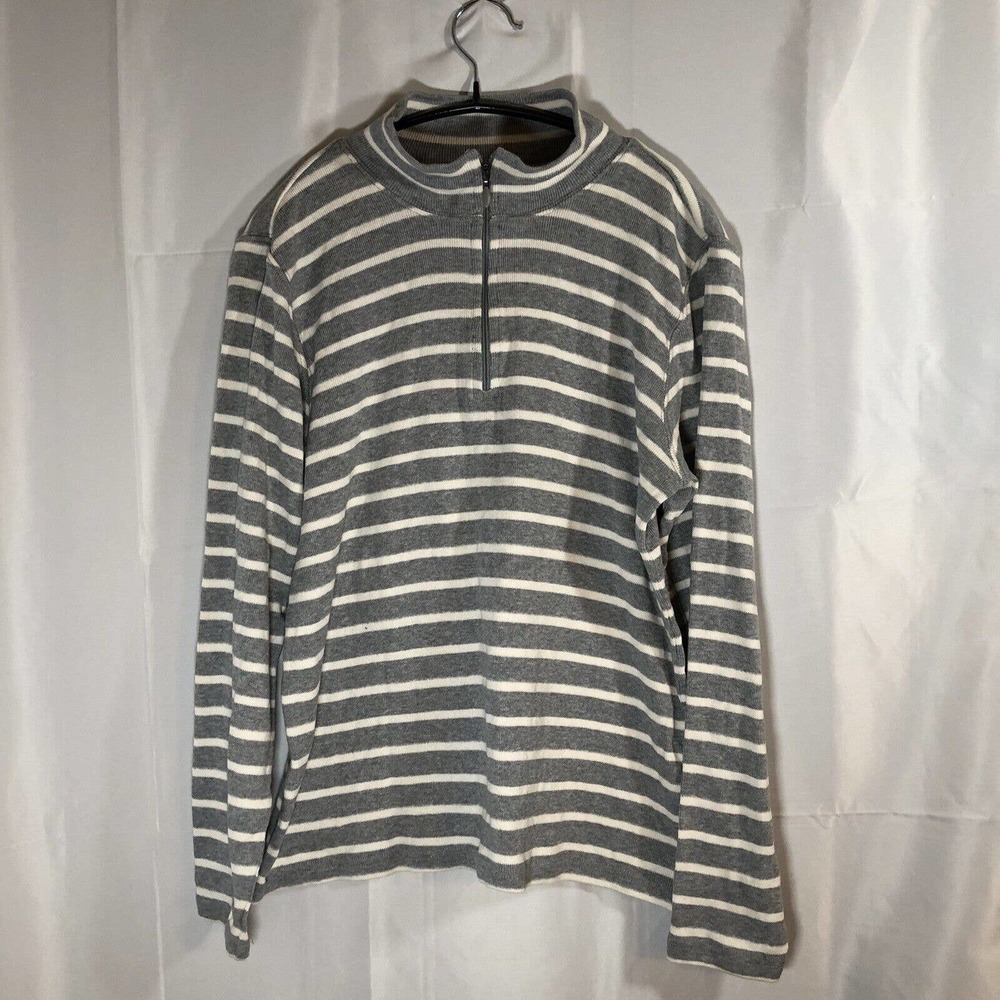 L.L. Bean Knit Pullover Sweater 1/4 Zip Womens Large Gray Stripe Spring Collar
